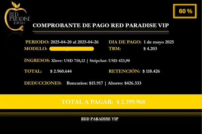 Ejemplo de comprobante de pago de Red Paradise VIP