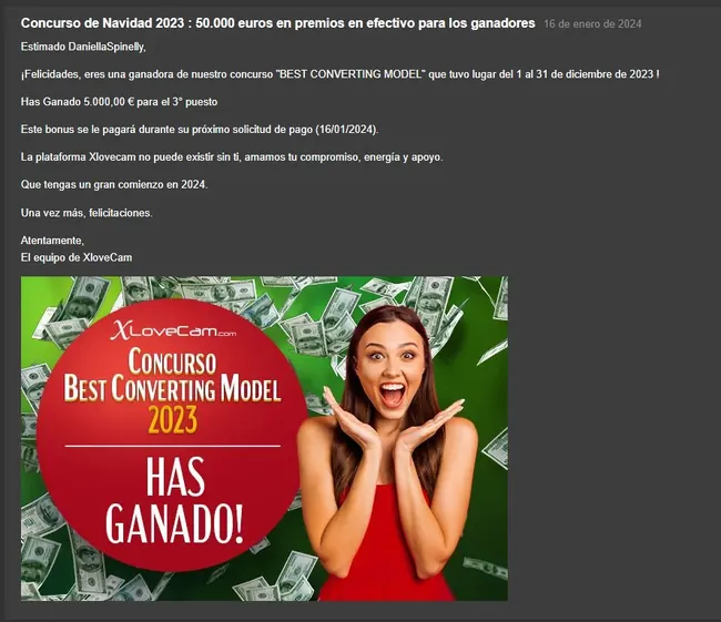 Aviso de premio del concurso Best Converting Model ganado por una modelo del estudio
