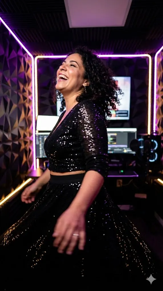 Modelo bailando con vestido de lentejuelas en el estudio