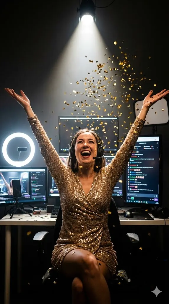 Modelo celebrando con los brazos en alto entre confeti dorado