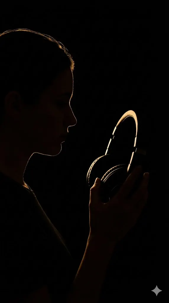 Silueta de una modelo con audífonos en la penumbra